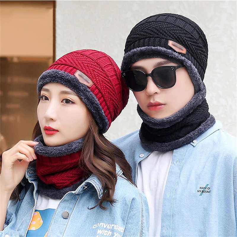 Beanie/Skull Caps Summer61 Pc Knit Fleece Scarf Winter Hat Soft Men And Women Beanie Warm Hat Thickening Plus Velvet Loose Winter Hat With Scarf Q26