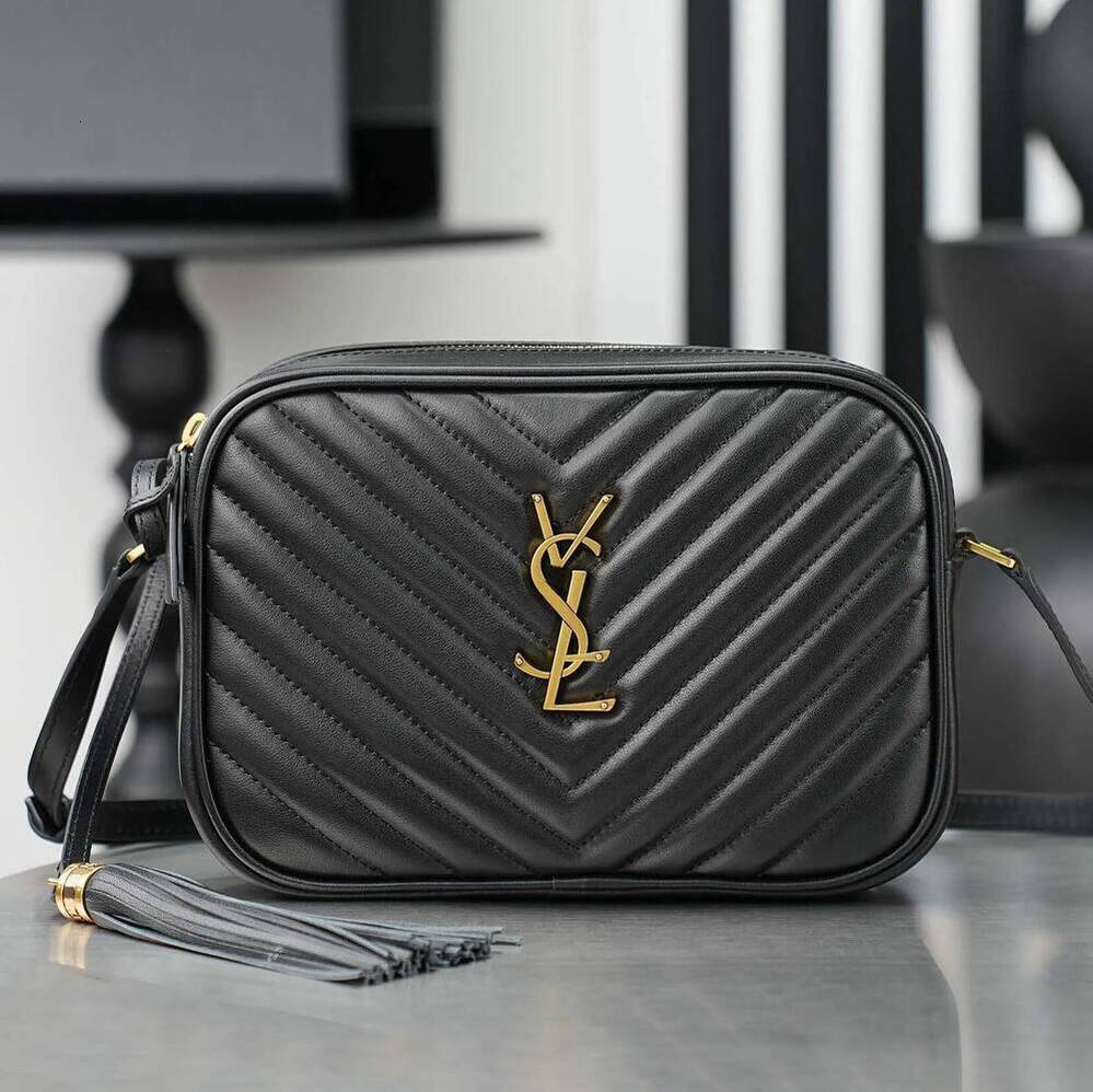 Luxury Designer Quilted Camera Women Black Leather With Gold Letter Tassel Chevron Shoulder Purse For Daily Travel Envelope Crossbody Bag