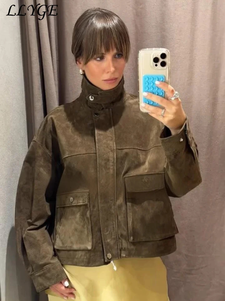 Vintage Women's Brown Suede Jackets Elegant Lapel Zipper Pockets Long Sleeve Female Coats Autumn Lady Commute Outwear 261016
