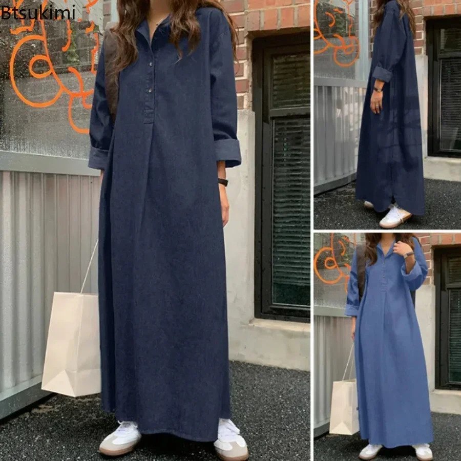 2026 Women's Casual Denim Dress Oversized Korean Vintage Robe Jeans Dress Streetwear Elegant Long Sleeve Solid Maxi Dress Female 261015