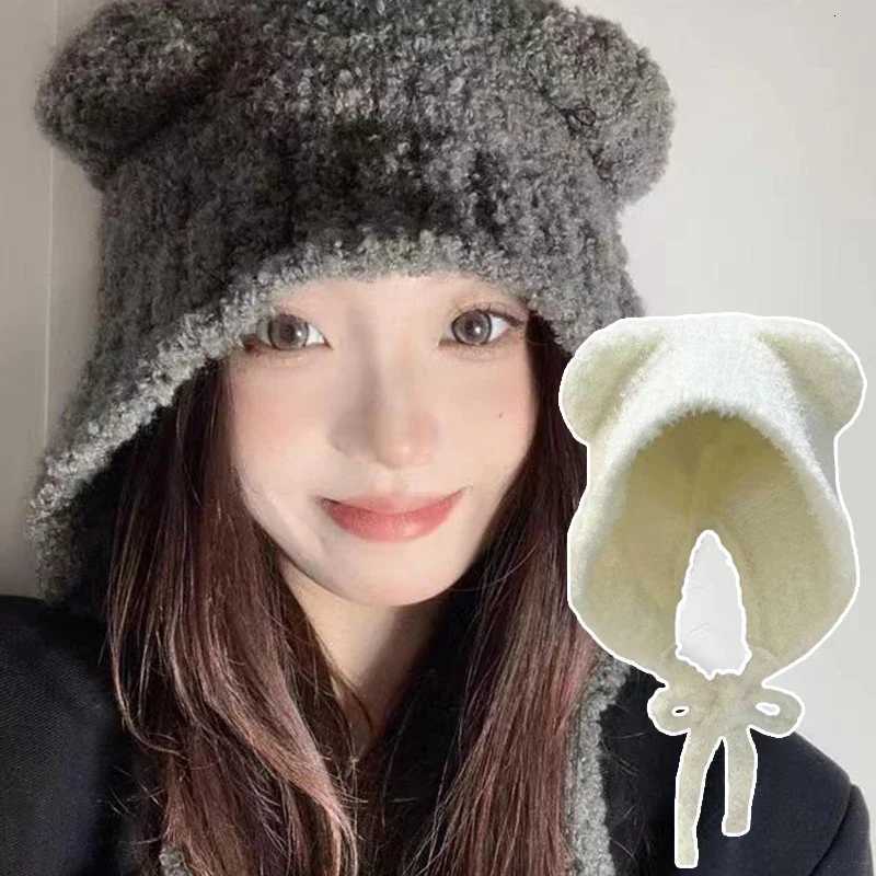 Beanie/Skull Caps Winter Plush Beanies Women Warm Bonnets Girls Cute Bear Ear Wool Hat Warm Lace-up Gorros Knitting Cap Korean Knitted Ear Muffs Q26