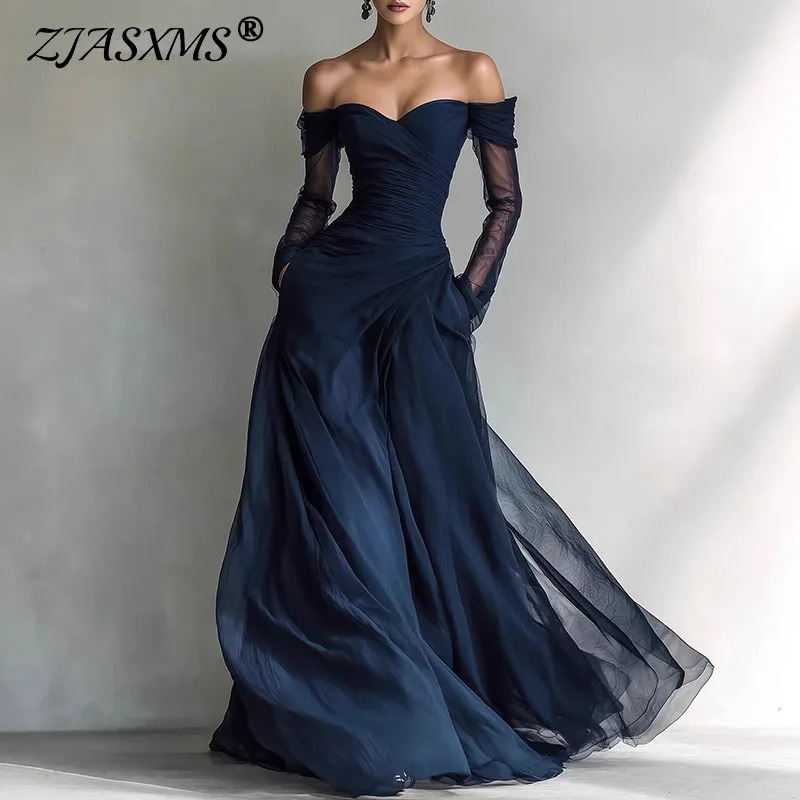 Women's Dresses 2026 Spring Sexy Hollow Strapless Mesh Elegant Party Dresses Casual Off Shoulder Long Sleeve Boho Dress Vestidos 261015