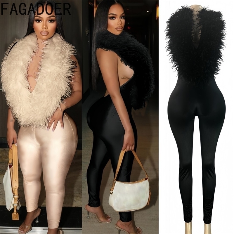 FAGADOER Winter Sexy Fur Patchwork Bodycon Jumpsuits Woman Halter Deep V-neck Sleeveless Rompers Female Overalls 261016