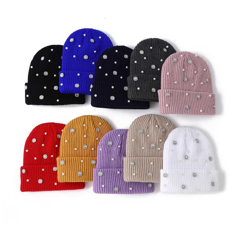 Beanie/Skull Caps Winter Knit Beanie Hat Pearl Rhinestone Decor Cuffed Skull Cap Elastic Warm Soft Knitted Hat Fashion Party Daily Ladies HeadwearT2