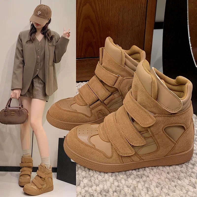 2026 New Casual Designer Sneakers Women Luxury Ankle Boots Fashion High Quality Cow Suede Flat Platform Height Increase High-top Shoes Women Step-In