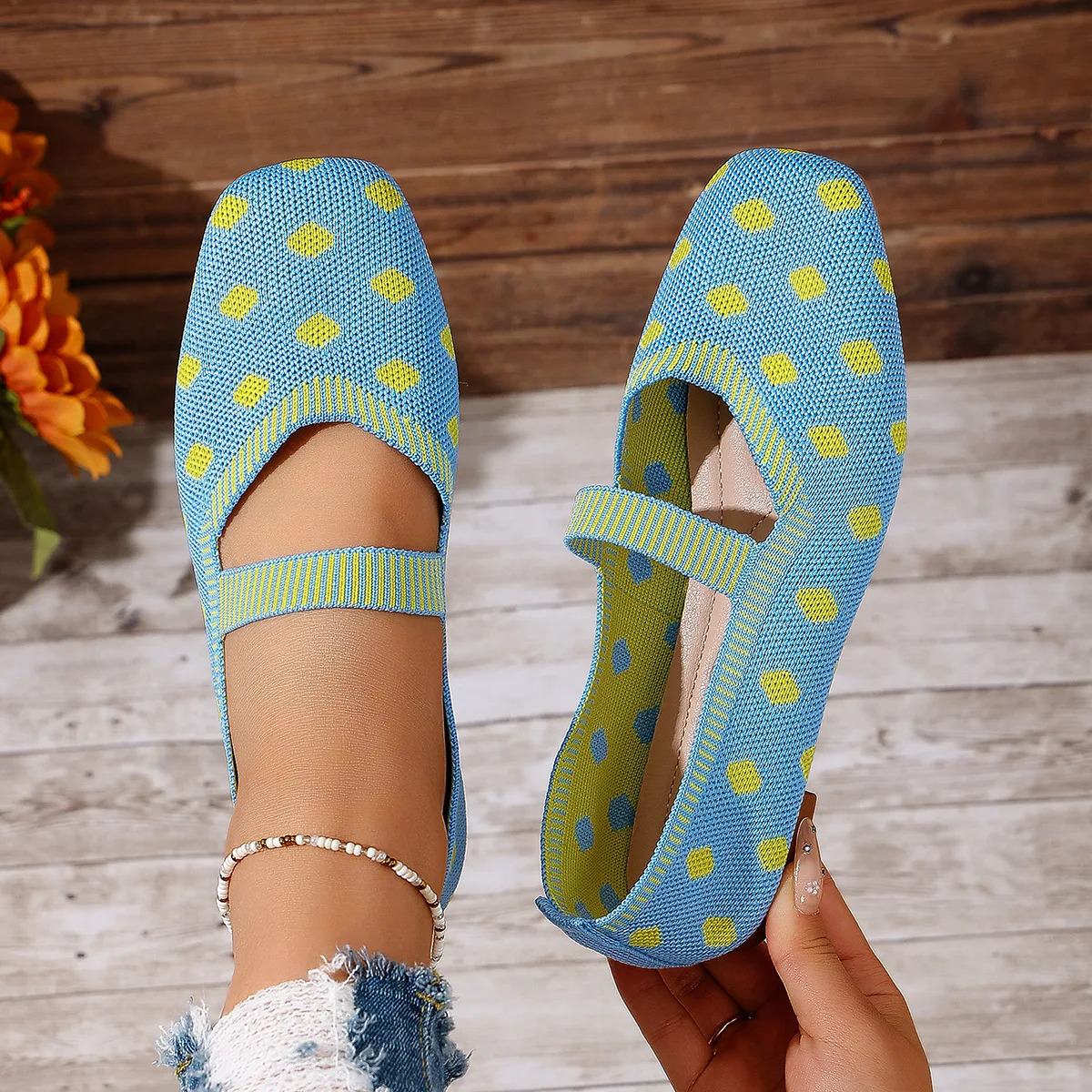 Women's Shoes Mesh Breathable SquareToe Flat Shoes Fashion Soft Bottom Knitted Shoes Female Casual Slip on Footwear Loafers 261017