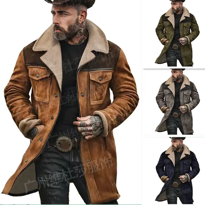Autumn And Winter Men's Coat Suede Color Matching Jacket Multi-pocket Zipper Coat 261015