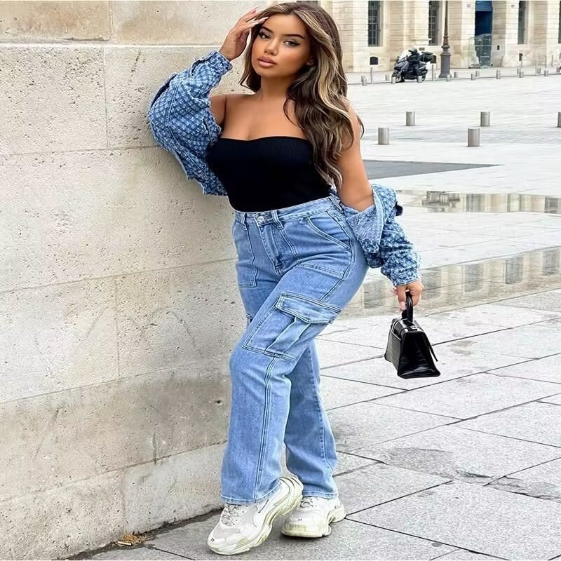 Women Multi Pocket Wide Leg Workwear Jeans Spring Autumn New Denim Pants Casual Style Daily Wear Versatile Long Trousers For Ladies