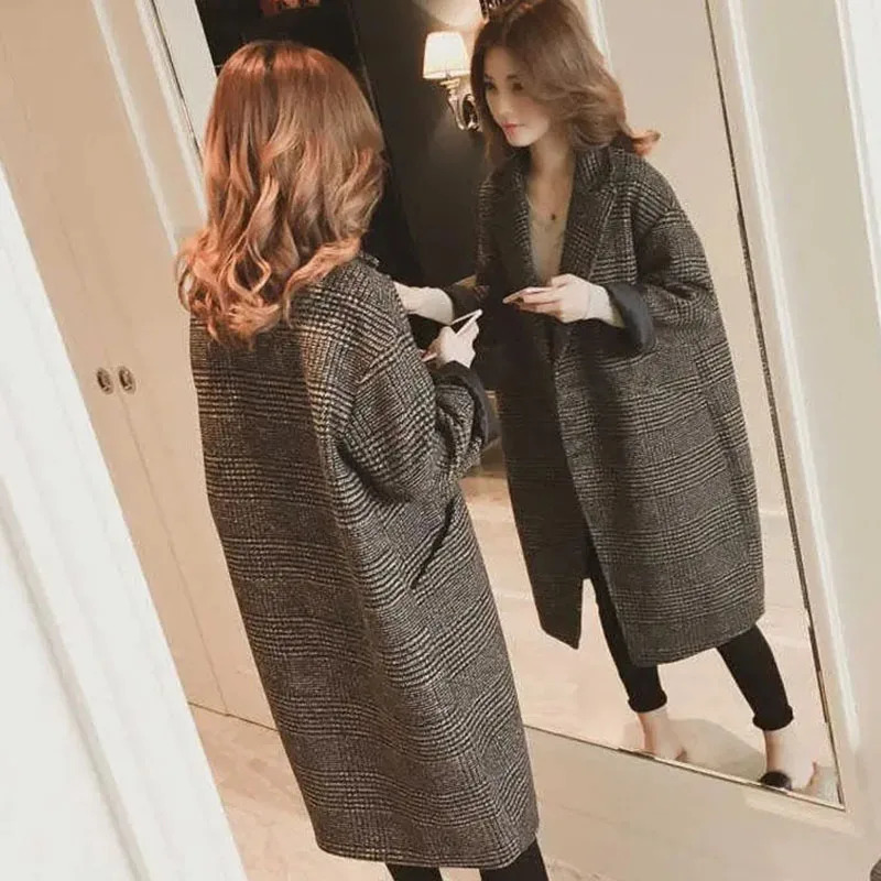 Autumn Winter Ladies Thousand Bird Grid Coat Korean Femme Over The Knee Wool Blend Outwear Women Fashion Woolen Tops Jacket 261016