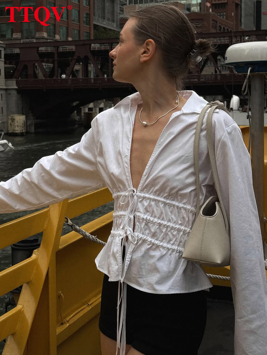2026 Sexy Slim White Cotton Women's Blouse 2027 Spring Lapel Long Sleeve Lady Shirt Elegant Classic Lace-Up Top Female Clothing