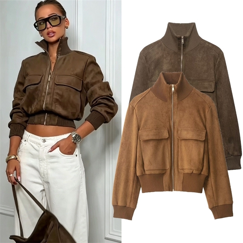 Ladies Short Vintage Faux Suede Autumn Winter Jacket Women Coat Stand-Collar Zip-up Field Trendy Streetwear Chic Jacket Female 261016