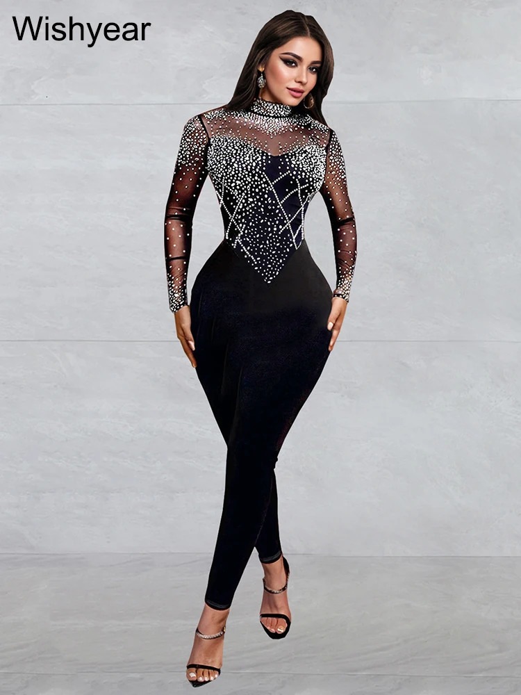 year Sexy Mesh See Through Rhinestone Black Jumpsuits Women One Piece Outfits Bodycon Long Sleeve Birthday Rompers Clubwear 261015