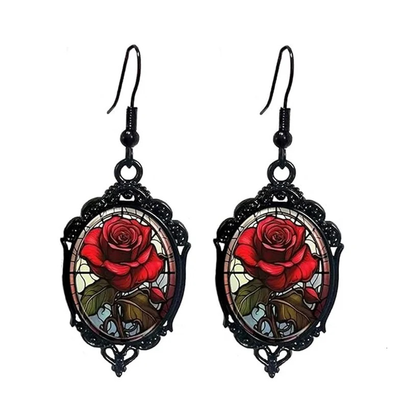 Gothic Red Rose Flower Stained Glass Dangle Earrings Vintage Black Oval Drop Earrings For Women Jewelry261016