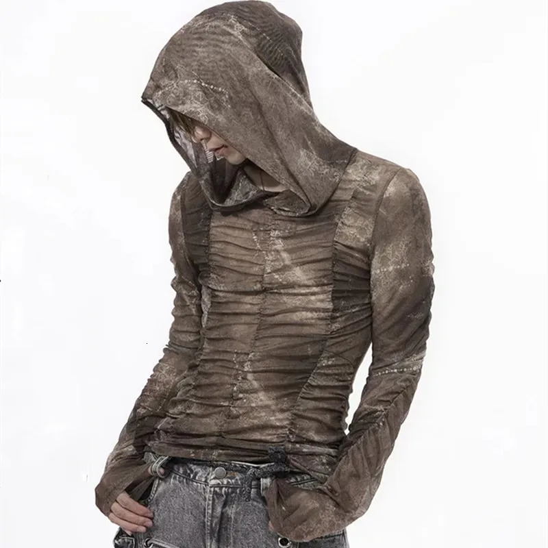Techwear Style Ice Silk Mesh Pleated Vintage Long Sleeve T Shirt Man Hip Hop Punk Hooded Tshirt Slim Fit Elastic Tops 261013