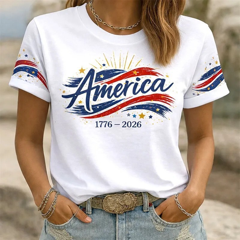 2026 250Th Anniversary T-Shirt, Round Neck, Short Sleeve, American Independence Day, Plus Size Women's Top Free Shipping