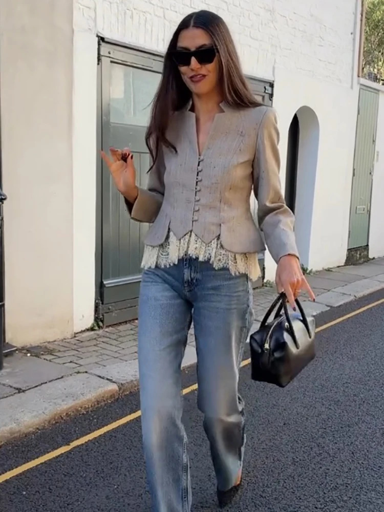 Vintage V-Neck Suit Jacket Chic Lace Patchwork Single Breasted Long Sleeve Elegant Blazer Lady Autumn Fashion Daily Streetwear 261016