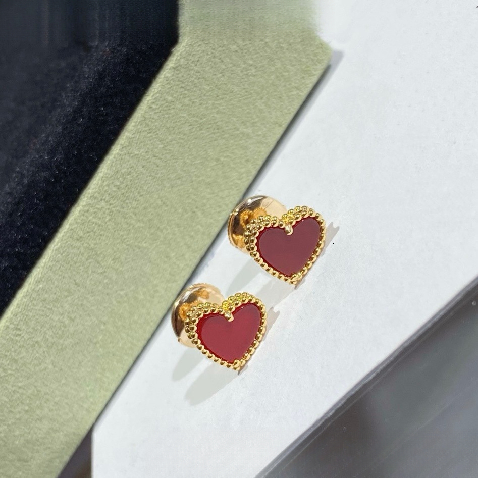 Designer Jewelry vanly sterling silver small heart earrings, plated with gold, featuring agate and red carnelian heart-shaped pendants
