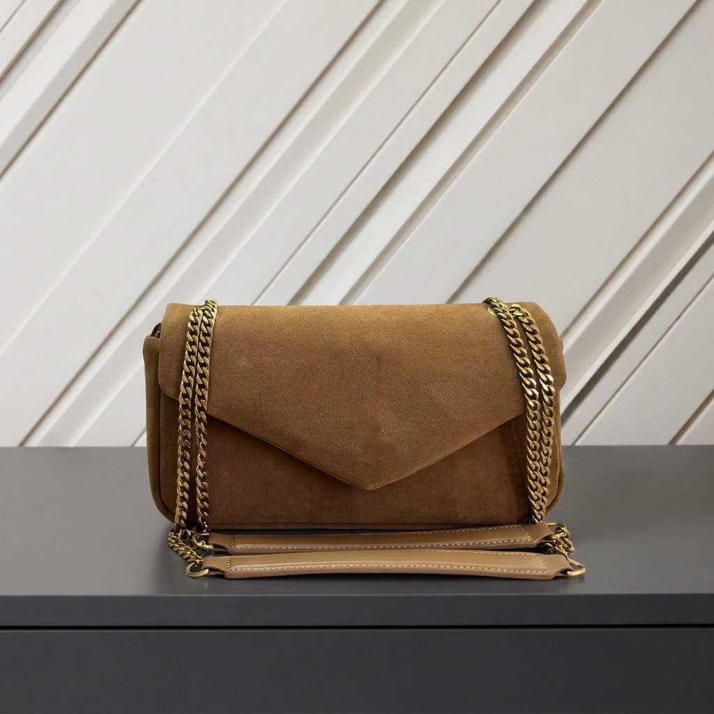 Women designer Calypso suede shoulder bag Luxury metal double chain crossbody bags Fashion brown envelope flap handbag for lady daily party evening