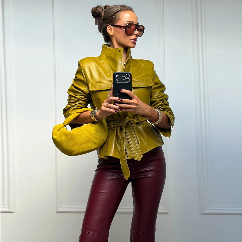 Olive Mustard Faux Leather Women Jacket Stand Collar Chest Pocket Cropped Drop Shoulder Zipper Waist Length Daily Commute Coats 261016