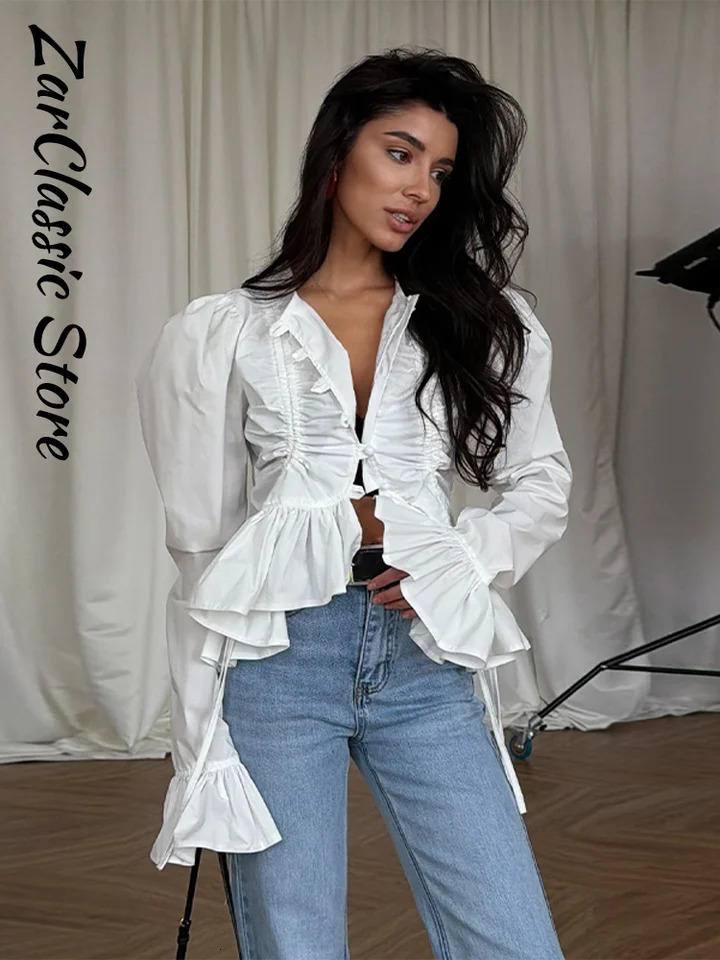 Fashion Street Ruffle Women's Blouse Solid Single Breasted Full Sleeve Pleated Cropped Shirt Lady Casual Spring Clothing 261015