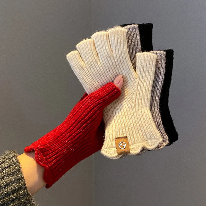 Mink Fleece Half Finger Gloves for Womens Soft Winter Warmth Solid Color Plush Knitted Fingerless Gloves 261017