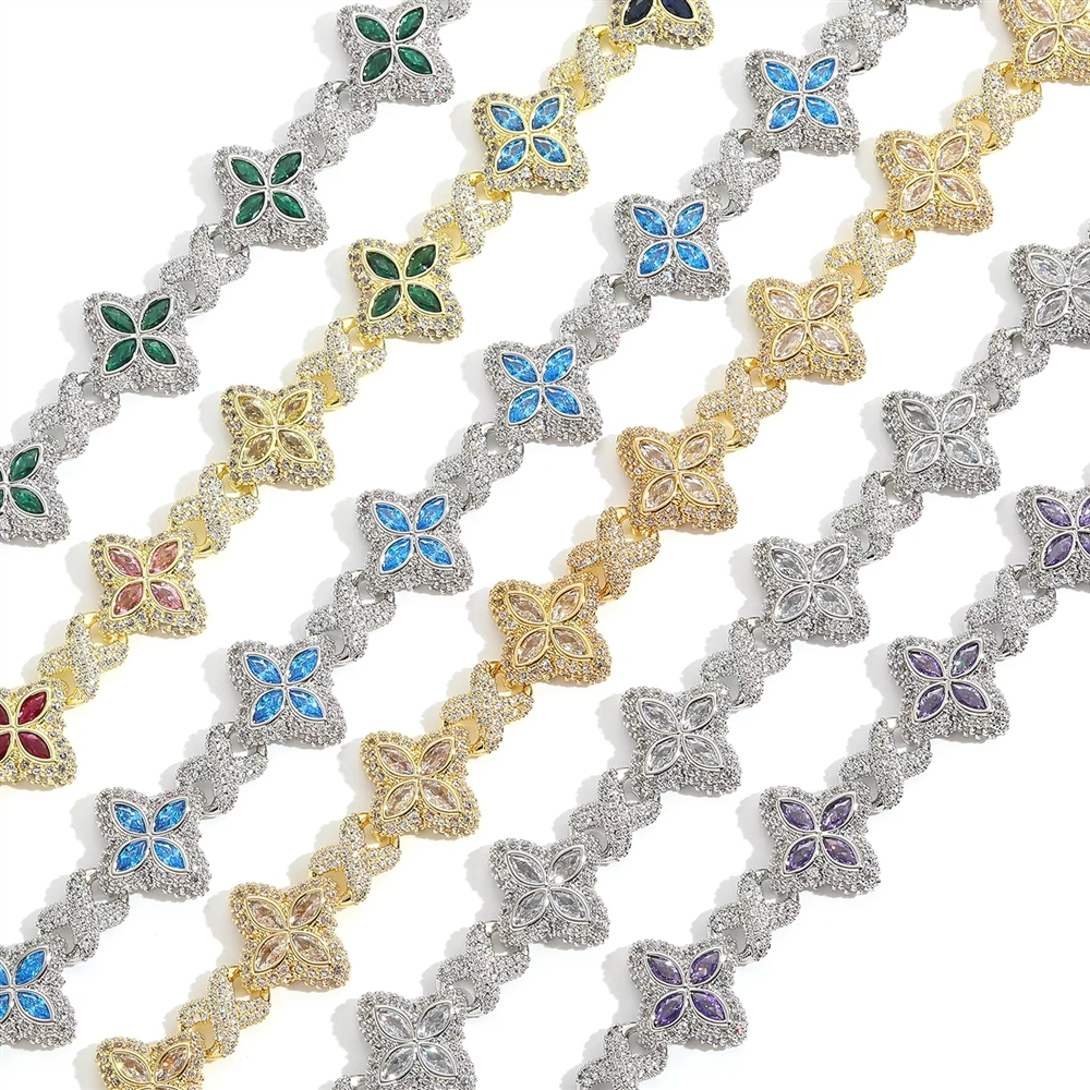 2027New Fashion Four Leaf Clover Necklace Iced Out Colorful Gold Plated Hip Hop Bling Jewelry for Party Gift