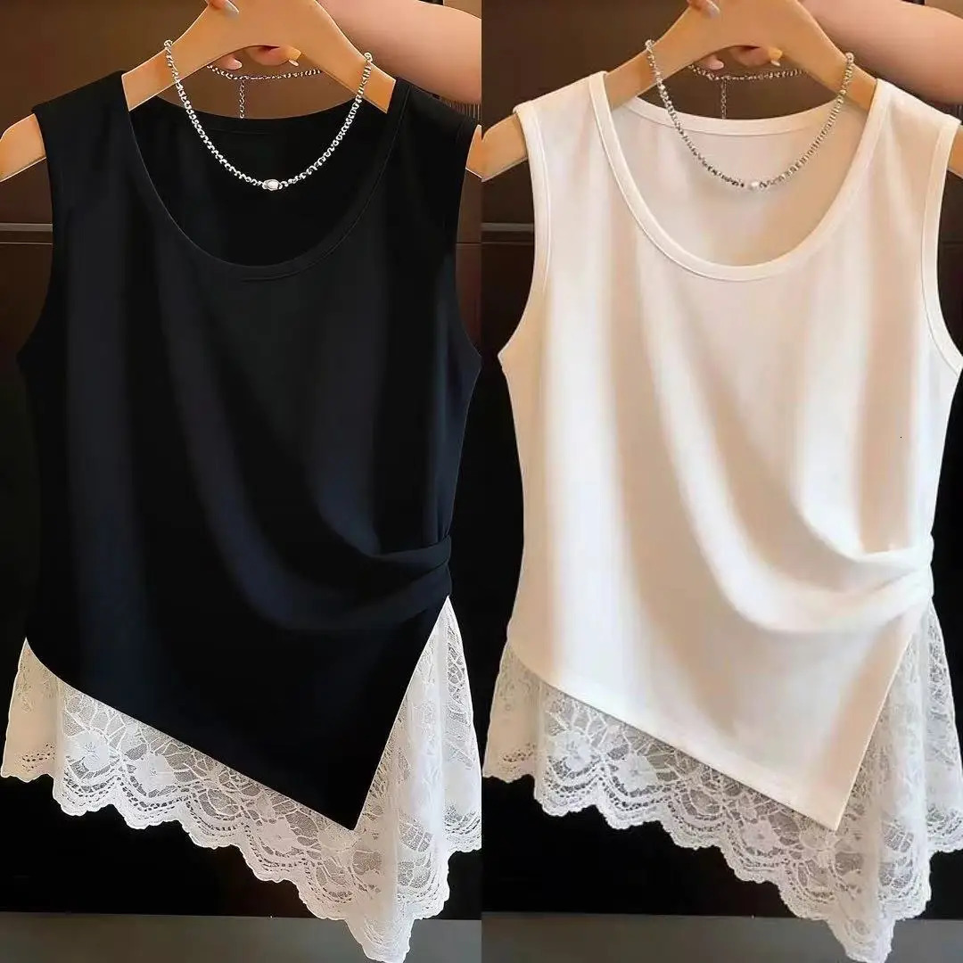 Spring and summer largesize womens clothing commuter wind pleated n sense lace splicing irregular vest 261017