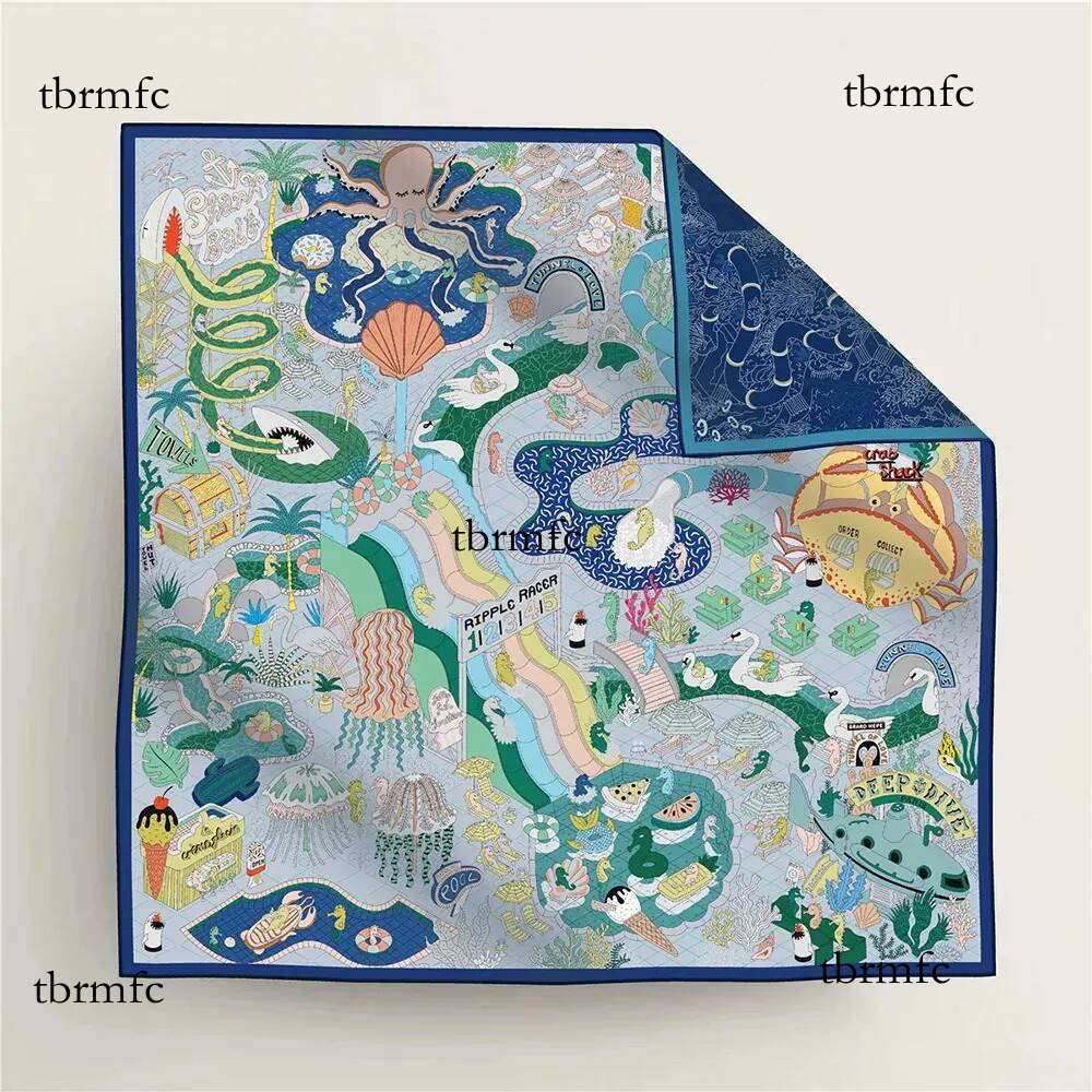 90Cm High quality Twill Silk Double sided Printing Submarine Playground Womens Large Square Chest Wrap Scarf 250103