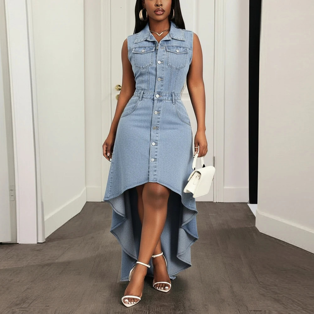 Women's Vintage Washed Denim Sleeveless Shirt Dress Collared Button Front High Low Asymmetrical Hem Casual Streetwear Dresses 261015