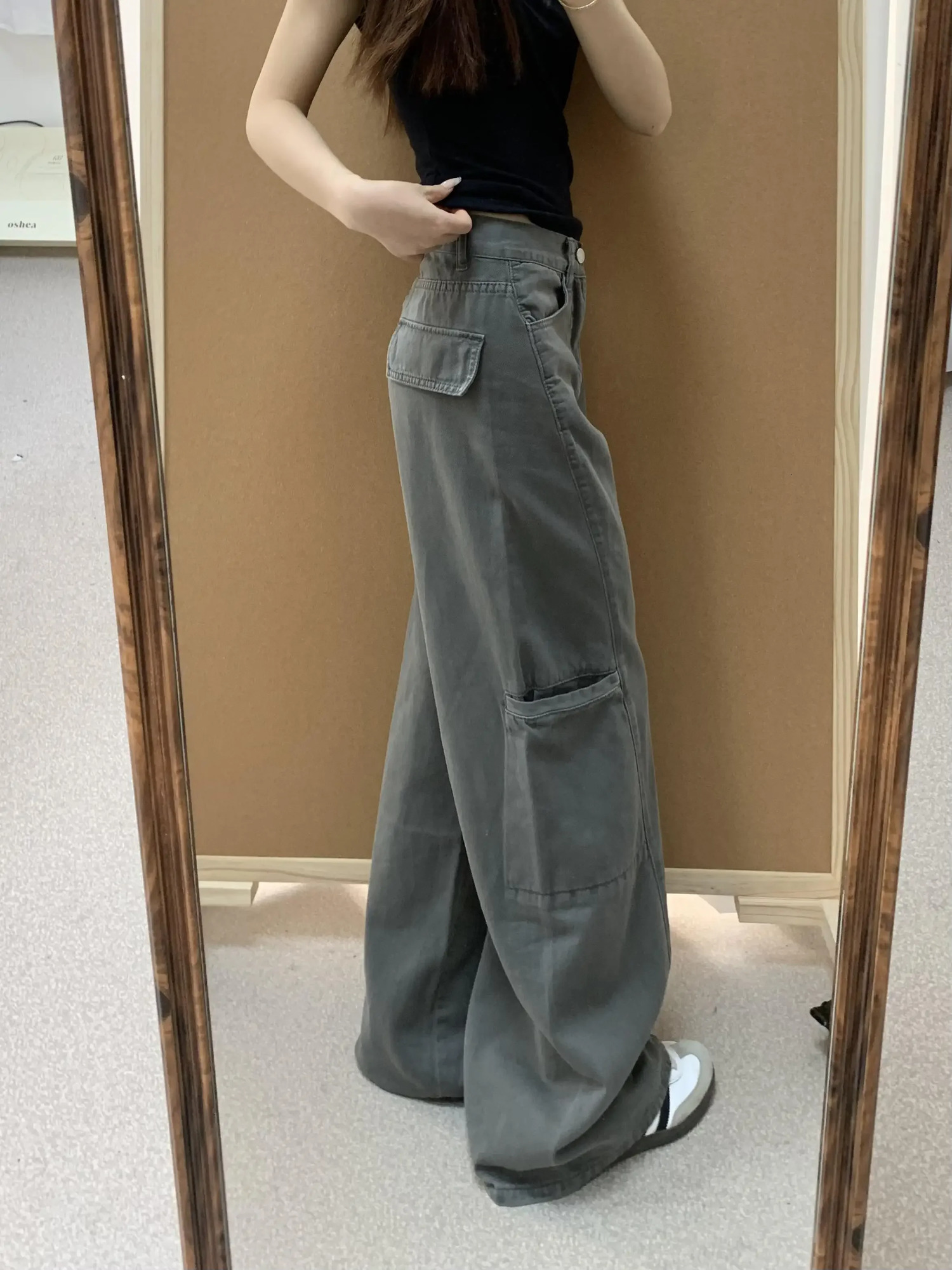 Autumn Loose FloorLength Wide Leg Long Pants Vintage Distressed Washed Grey Cargo Women Jeans Casual Versatile Denim Trousers 261017