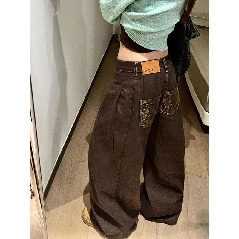 ZHIZOU American Pattern Embroidery Baggy Brown Jeans Women High Street Vintage Y2K 2000s Hip Hop Fashion Casual Wide-leg Pants 261016