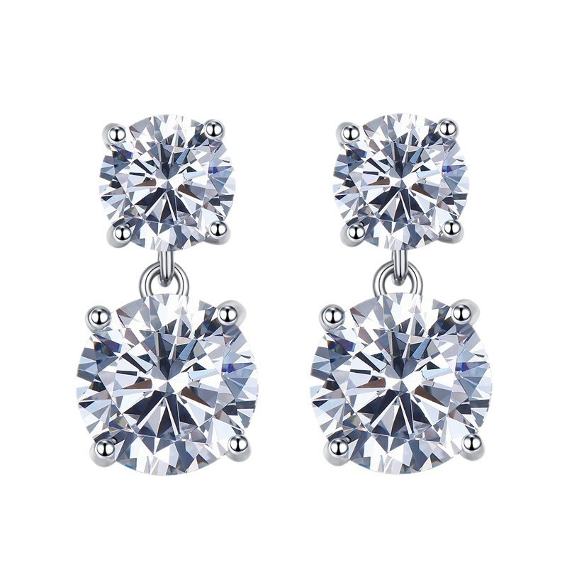 S925 Sterling Silver Double Stone Drop Earrings Moronite Studs Fashion Jewelry