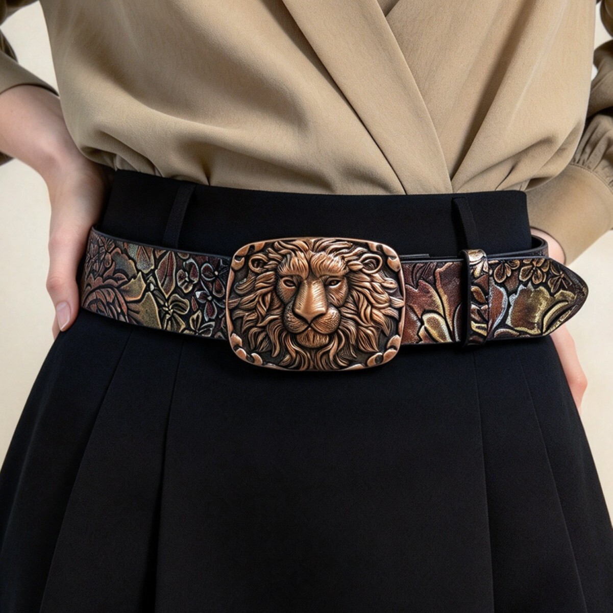 Designer Womens Vintage Faux Leather Belt Lion Head Metal Buckle Floral Embossed Wide Waist Belt For Pants Jeans Western Outfit Fashion Accessory Gi