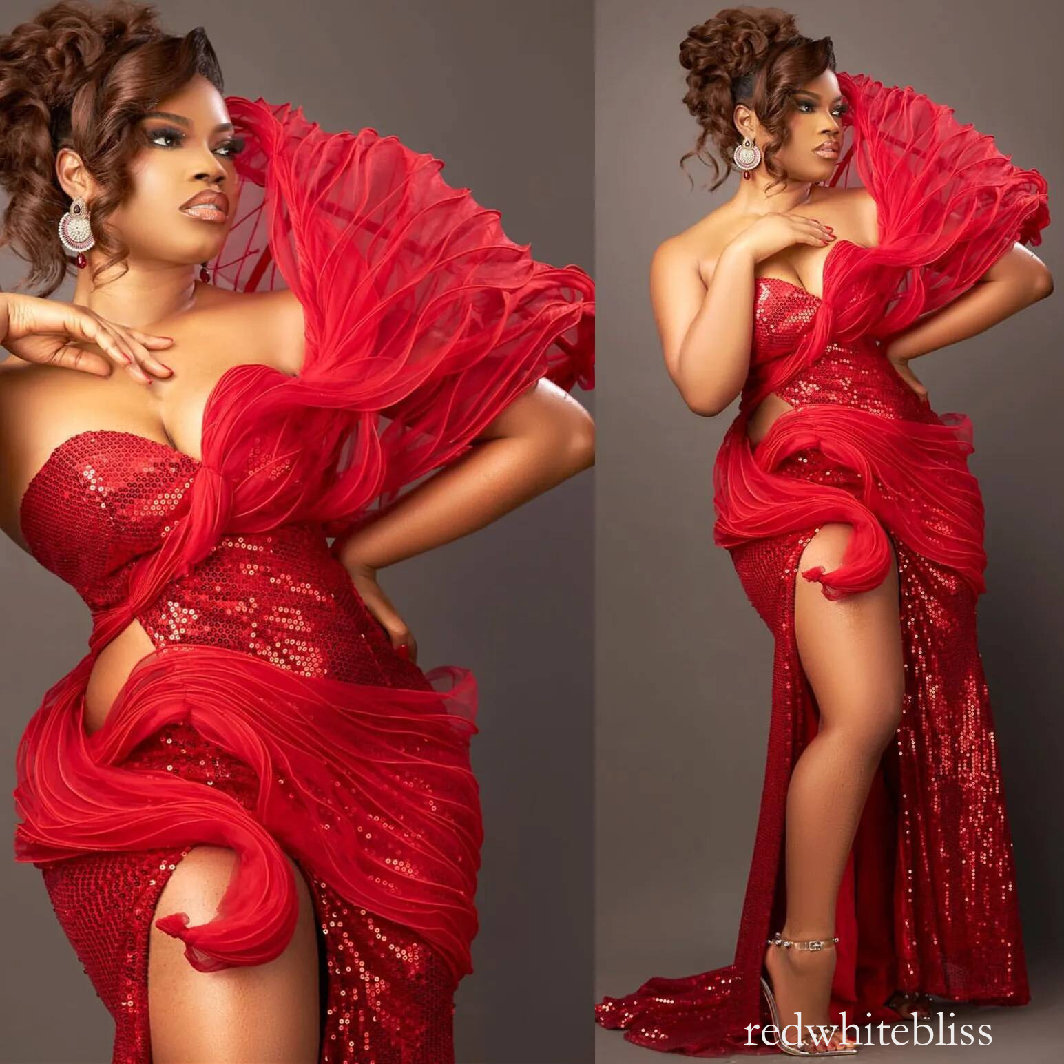Aso Ebi Red Mermaid Prom Dress High Split Sequined Lace Evening Formal Party Second Reception Birthday Engagement Gowns Dresses Robe De Soiree