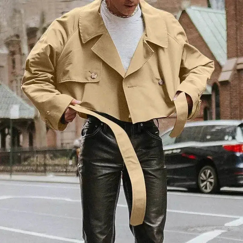 Mens Streetwear Jackets Solid Color Lapel Long Sleeve Loose Male Crop Coats Fashion Casual Retro Jackets With Belt 261016