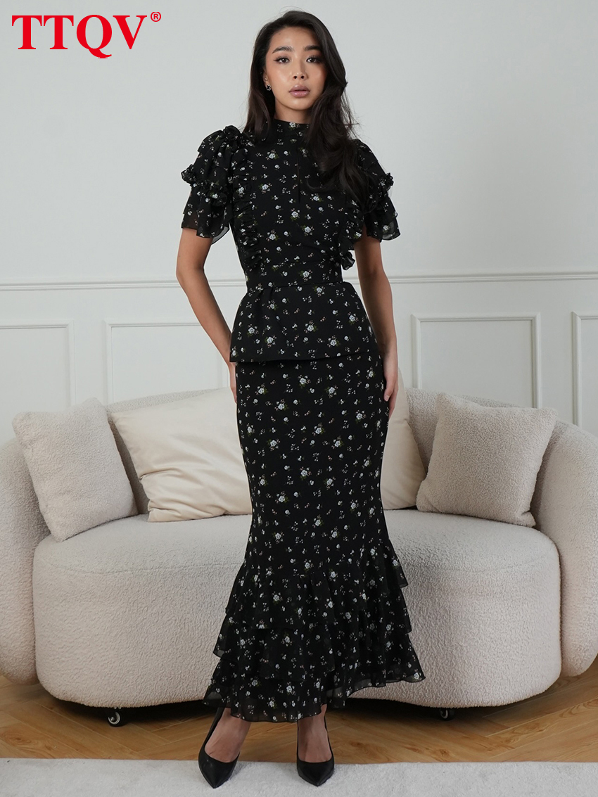 2026 Fashion Slim Print Women's Summer Stand Collar Short Sleeve Ankle Length Dresses Elegant Classic Pleated Female Dress