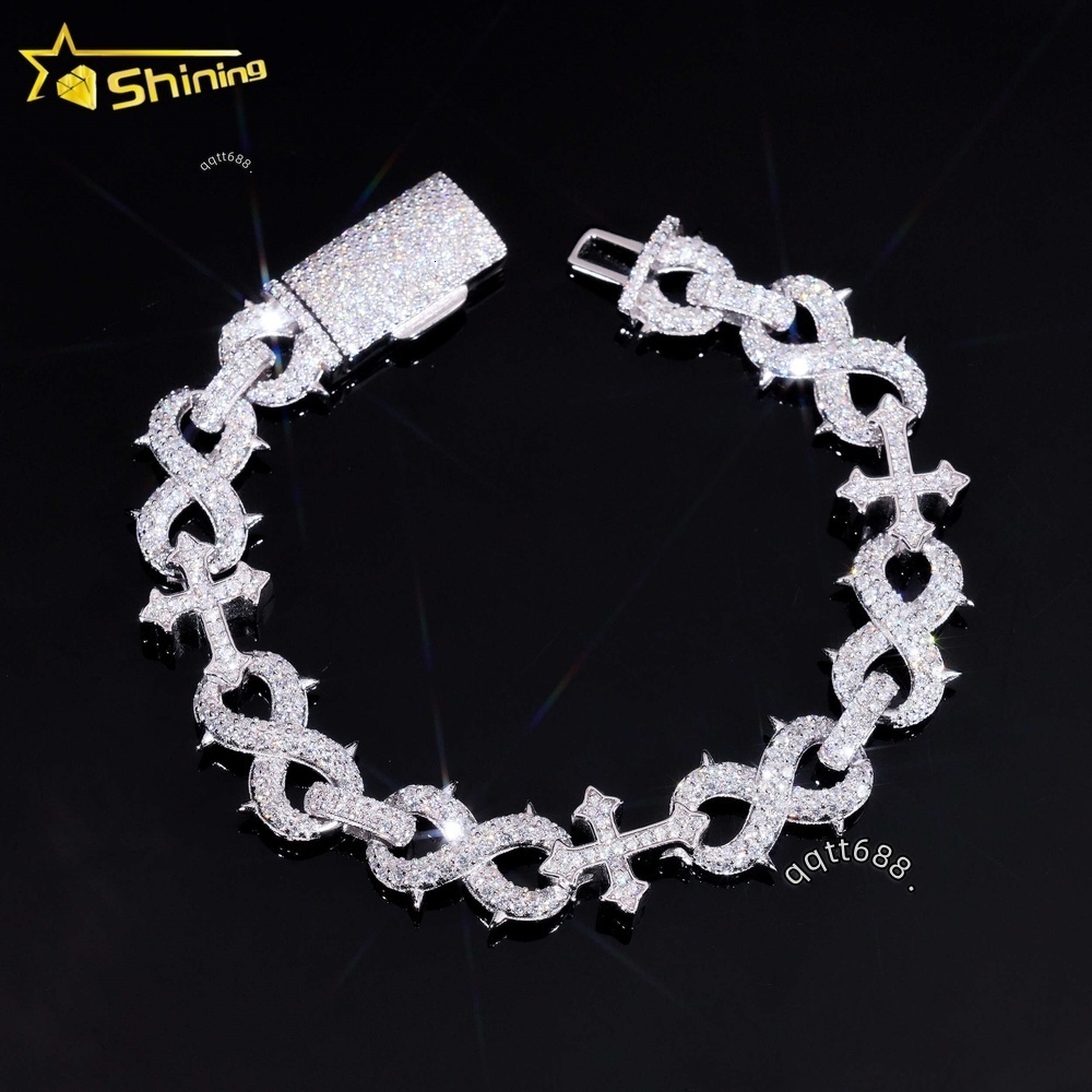 Factory 15MM Width Hip Hop Jewelry Real Silver 925 Gold Plated VVS Lab Diamond Moissanite Infinity Cuban Link Chain Bracelet