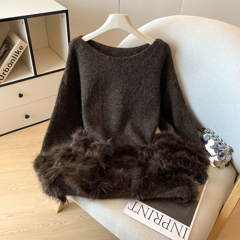 MEXZT Faux Fur Patchwork Sweater Women Korean Fashion Long Sleeve Knitted Pullovers Winter Elegant Knitwear Ladies Loose Jumpers