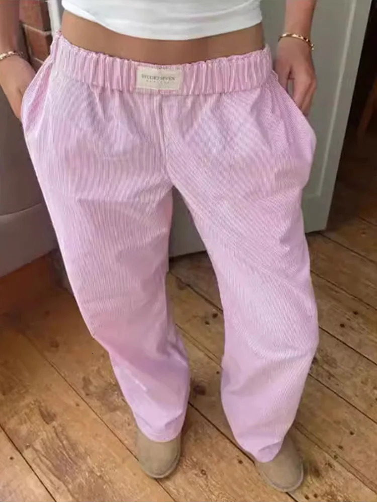 Women's Pink Stripe Elastic Waist Pocket Pants Straight Leg Loose Pants Street Casual Comfortable Summer Y2K Pants 261015