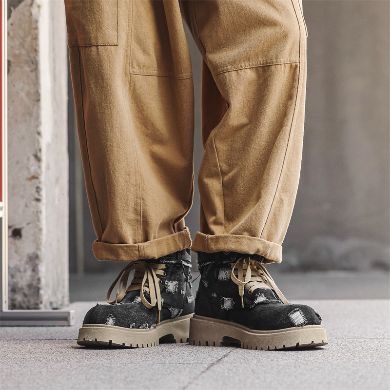 Cross-Border Foreign Trade Large-Size Men's Boots, British-Style Denim High-Top Retro Motorcycle Mid-Top Thick-Soled Work Boots Z32
