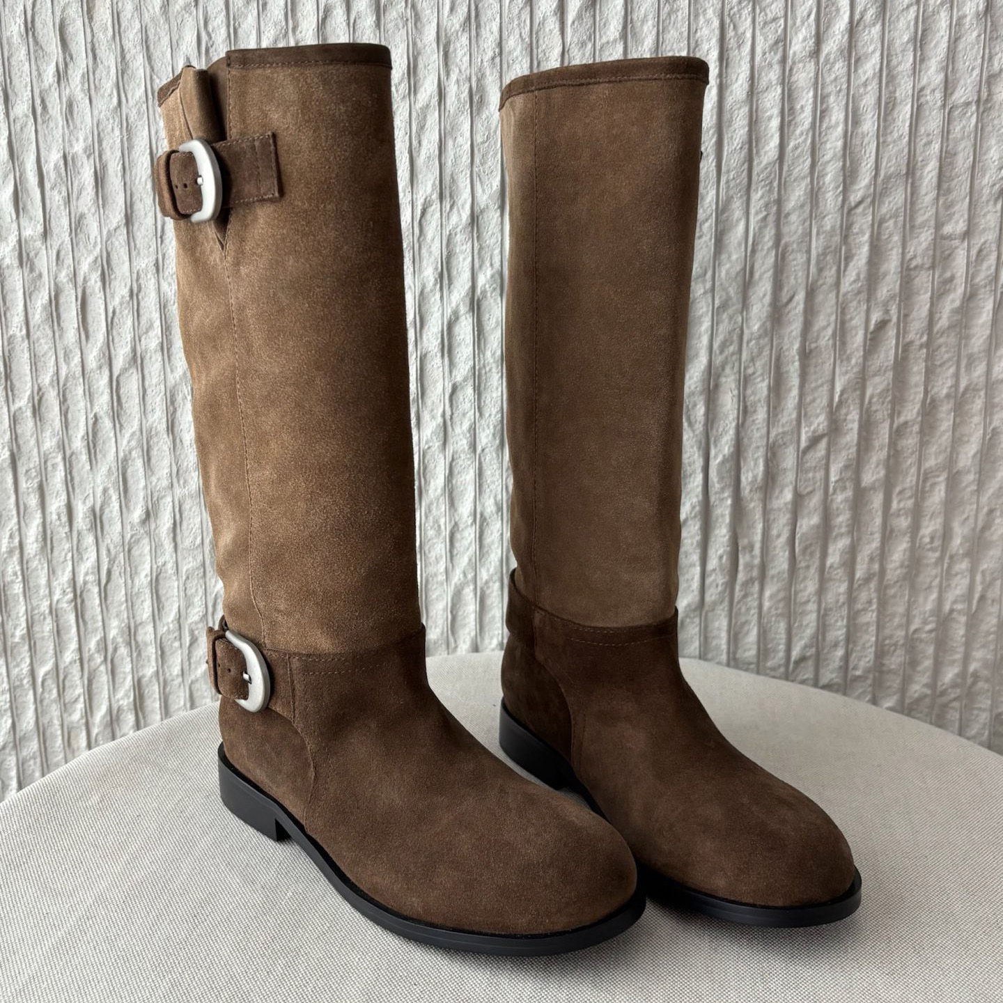 Women Dual Buckle Slouch Tall Boots 26SS New Arrival Round Toe Cow Suede Leather Silk Cow Insole Rubber Sole Adjustable Shaft Chic Casual Dress Boot