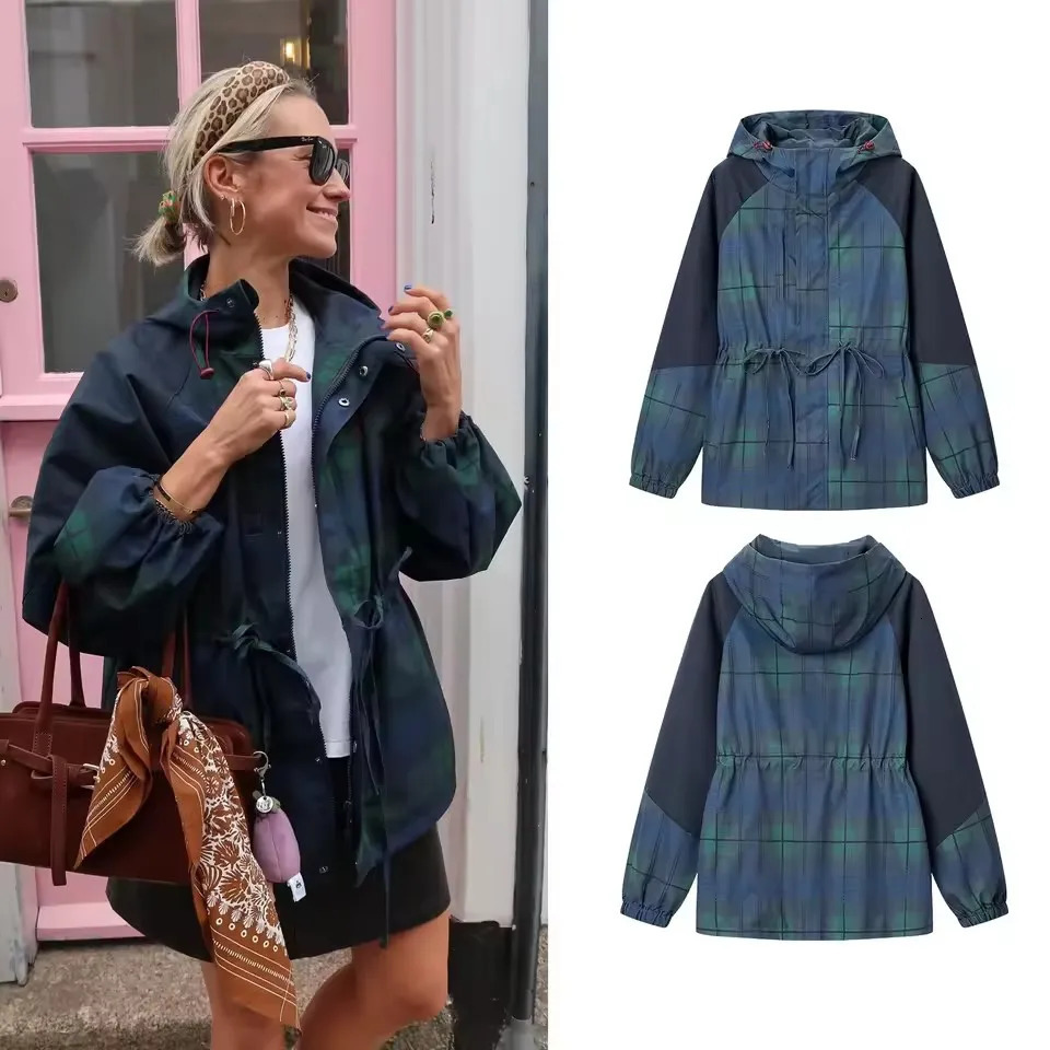 Oversize Loose Hooded Denim Shirt Jacket Women Long Sleeve Coat Contrast Color Drawstring Waist Hooded Plaid Windbreaker Jacket 261016