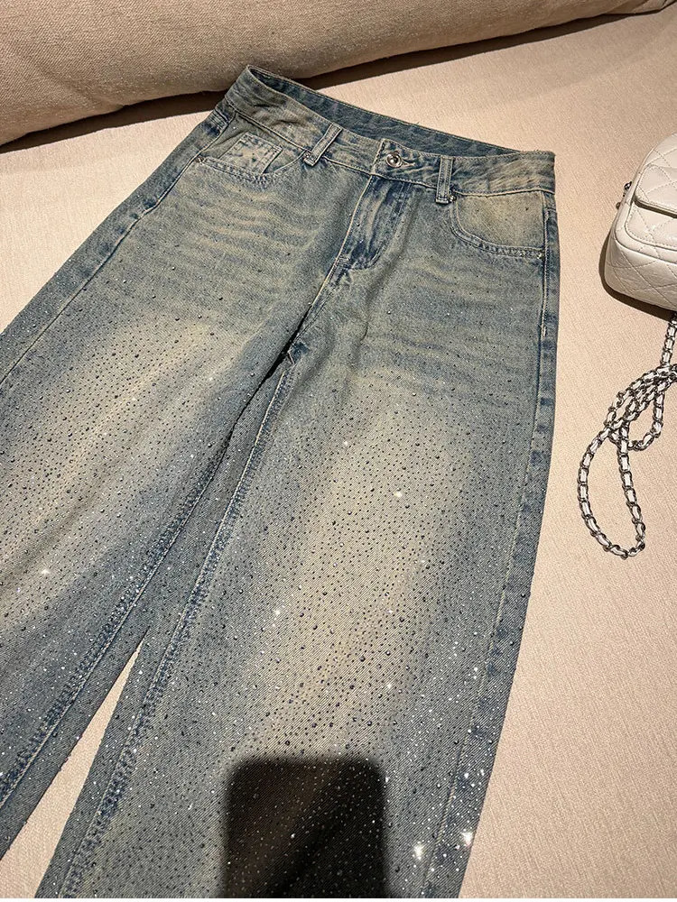 American Style High Waist Shiny Rhinestone Wide Leg Jeans Women's plus Size Loose Straight Cut Trousers Casual Denim 261016