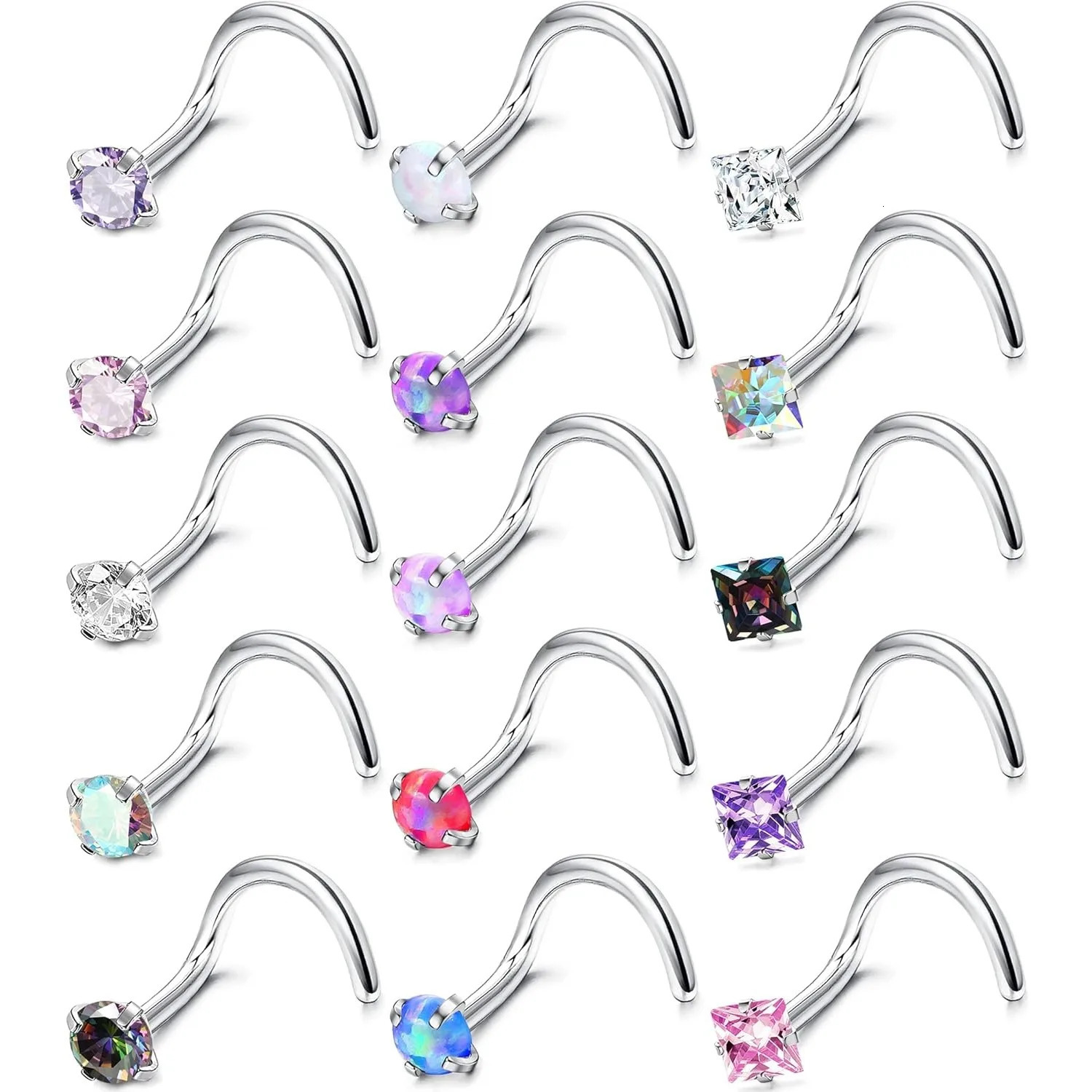 Bobisty 15Pcs 316L Stainless Steel Nose Rings Studs for Women Men Cubic Zirconia Lip Nose Nostril Piercing Jewelry Set 261008