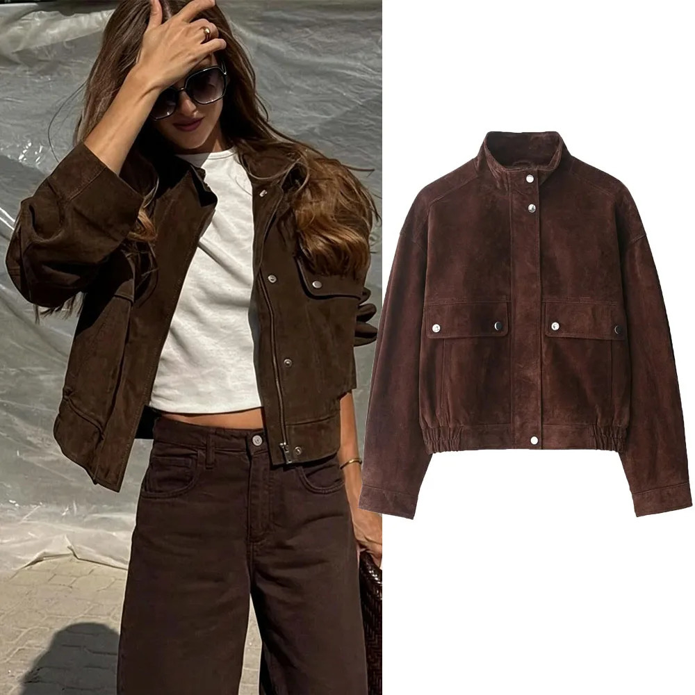 Women Suede Leather Jacket with Pockets Autumn Winter High Collar Long Sleeve Button Lady Coats Causal Female Chic Tops 261015