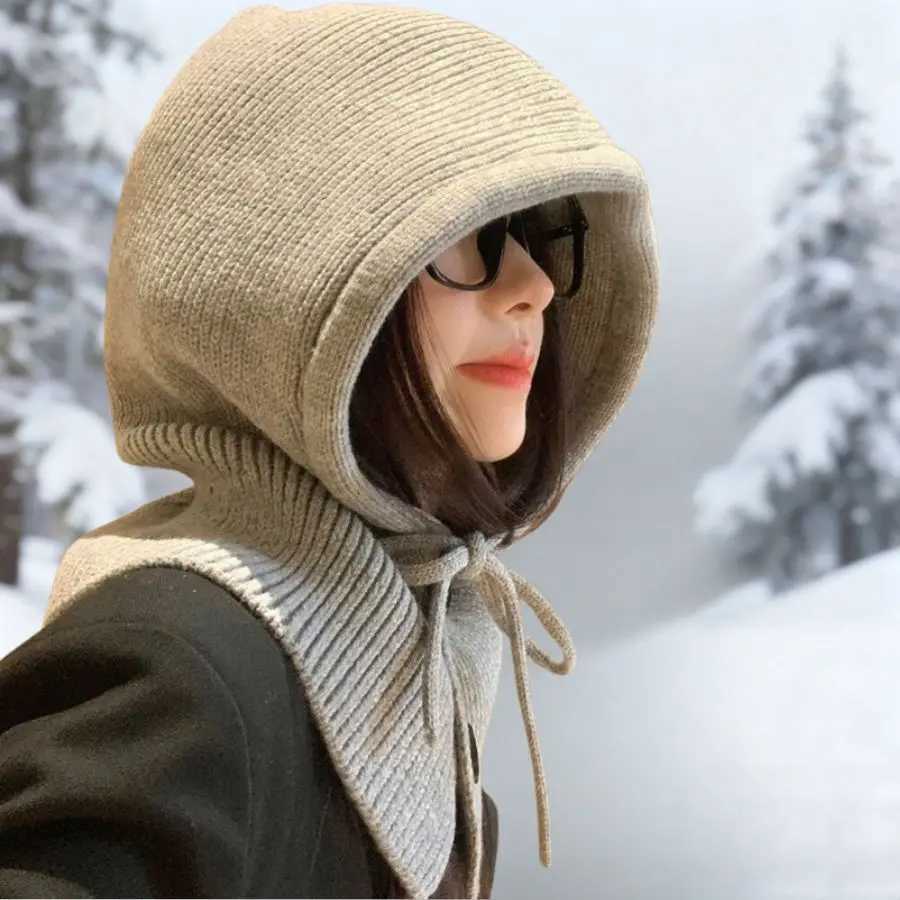 Beanie/Skull Caps Winter Balaclava Hat Knitted woolen Hooded Caps for Women Men Outdoor Warm One-Piece Neck Collar Drawstring Beanies Cap Q261017