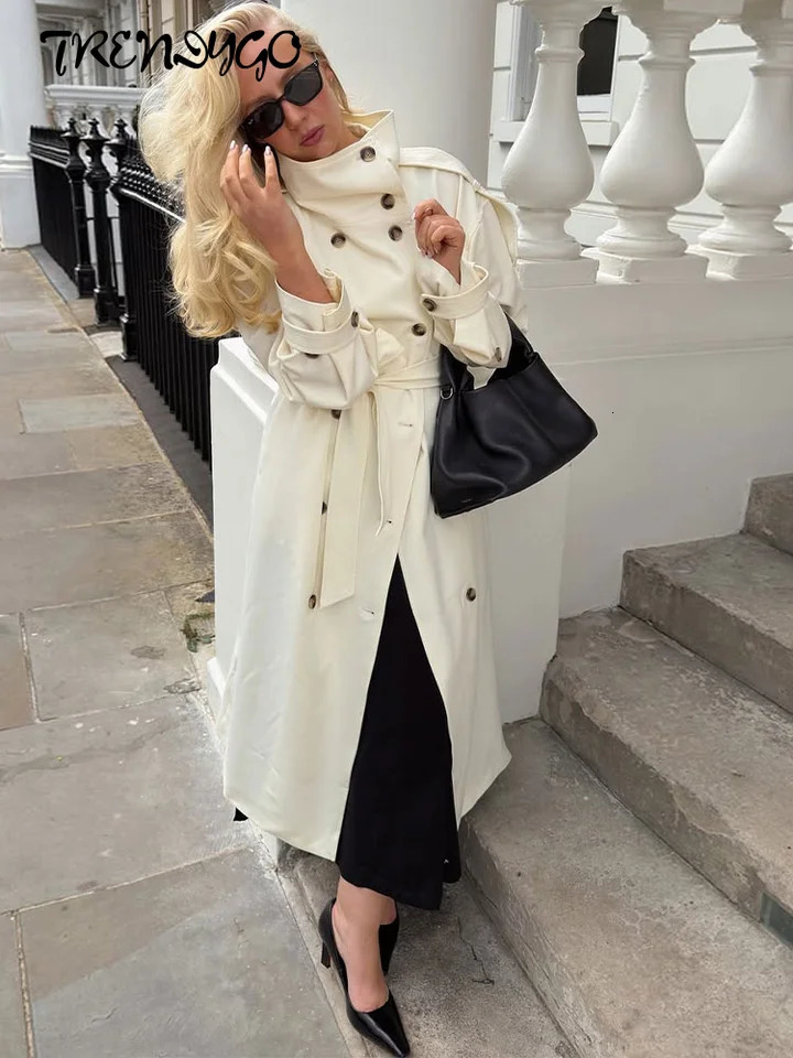 With Belt Long Trench Coats Women Street Epaulet Full Sleeve Double Breasted Lace Up Solid Slim Jackets Chic Lady Outerwears 261013