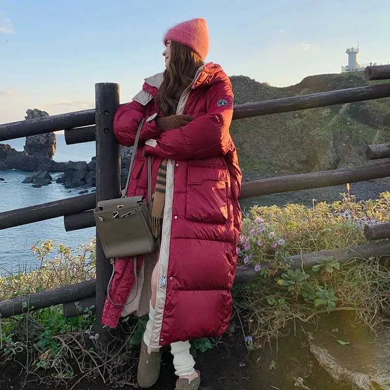 Women's Down Parkas 2026 Winter White Duck Down Jacket Women's New Over Knee Loose Thick Hoodie Puffer Overcoat Female Windproof Snow Pike