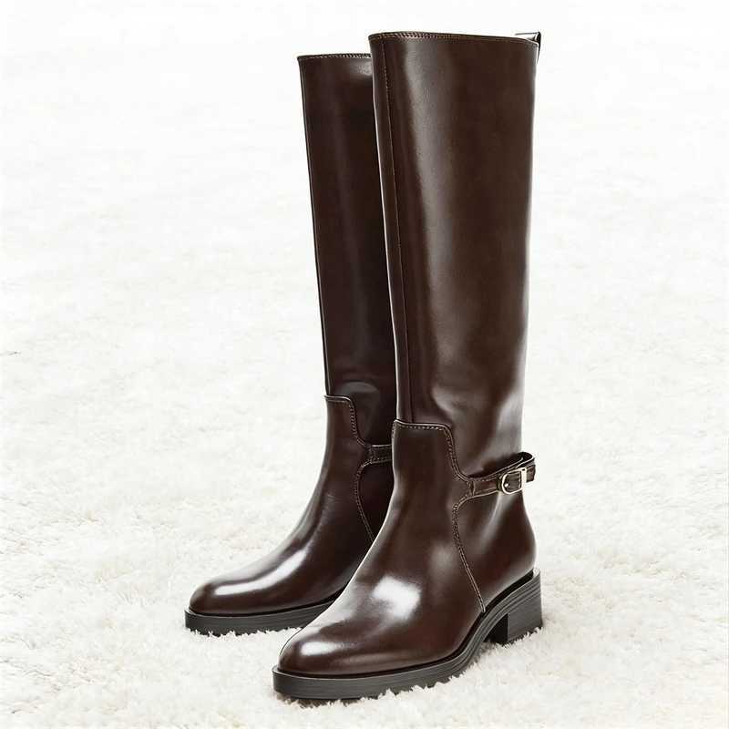 Vintage Brown Soft Leather Knee Boots Women Luxury Metal Buckle Decoration Designer Boots Comfortable Waterproof Platform Boots Q261015