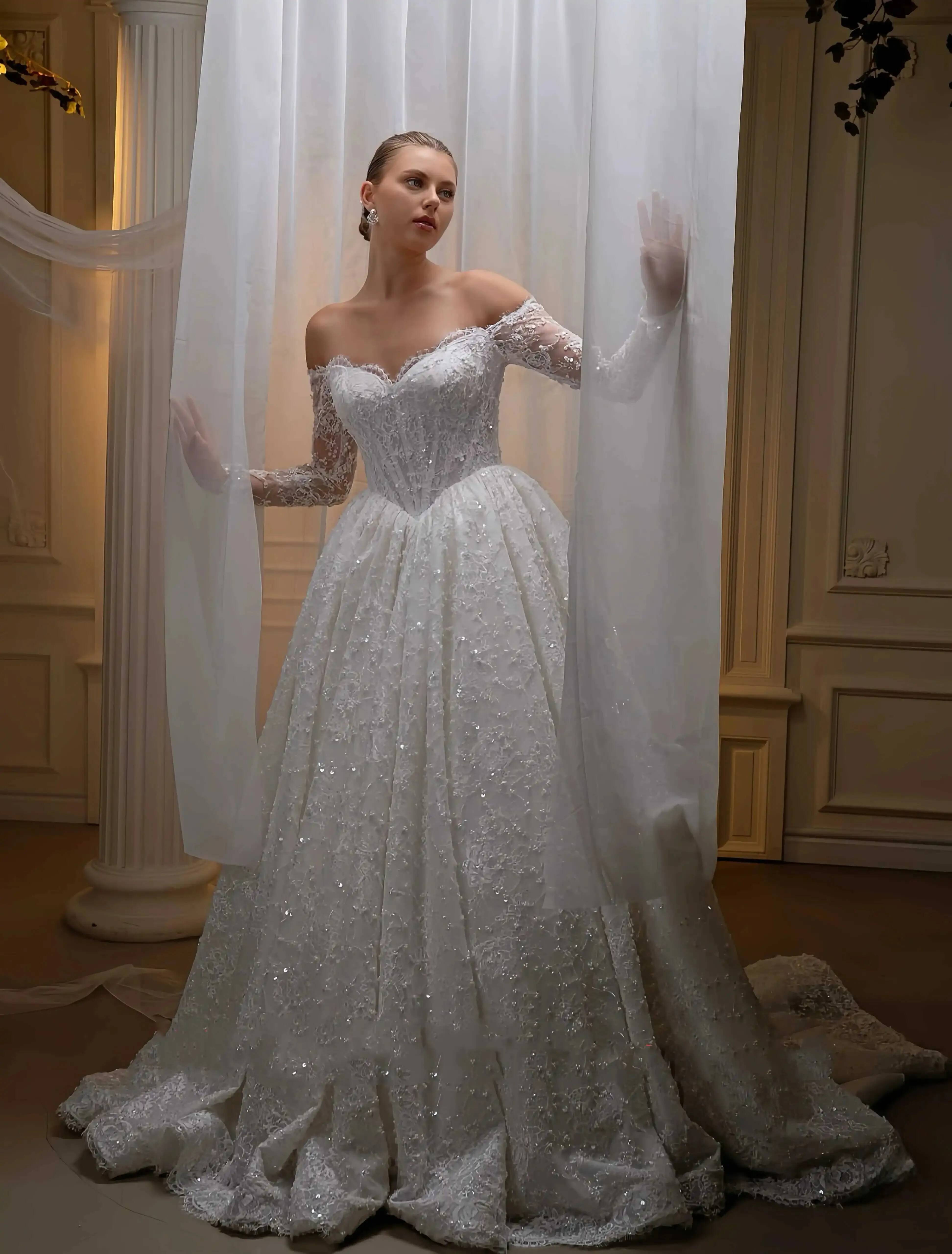 Luxury Lace Wedding Dress Off Shoulder Long Sleeves Beads Sequins A line Bridal Dresses Bride Gown New Arrival Robe Mariage Vestido De Novia